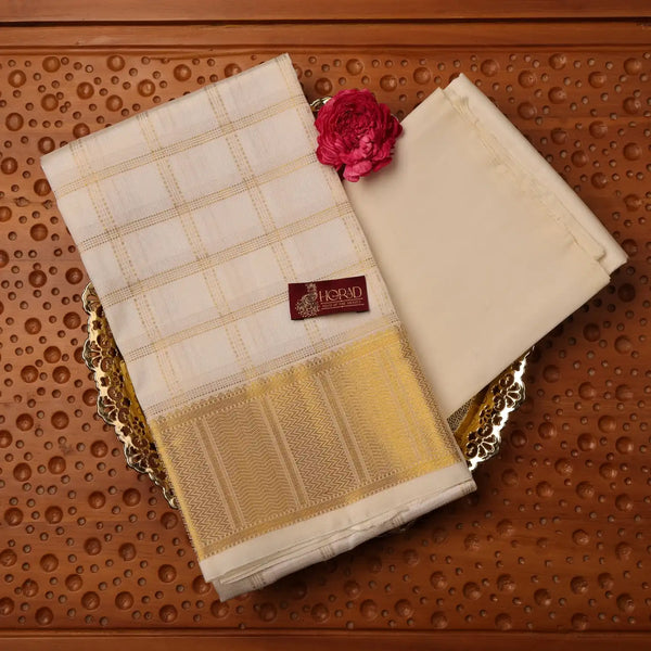 Horad Pure Silk Cream Checked Wedding Set Shirt Material + Dhoti