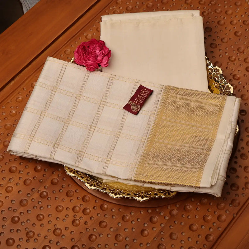 Horad Pure Silk Cream Checked Wedding Set Shirt Material + Dhoti