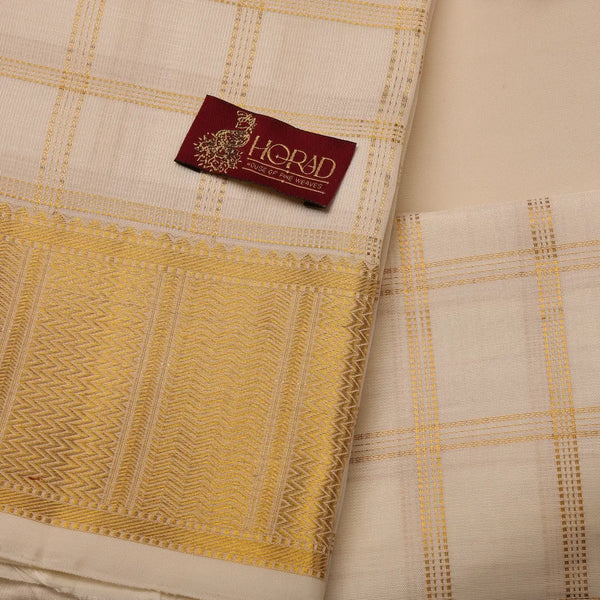 Horad Pure Silk Cream Checked Wedding Set Shirt Material + Dhoti + Angavastram