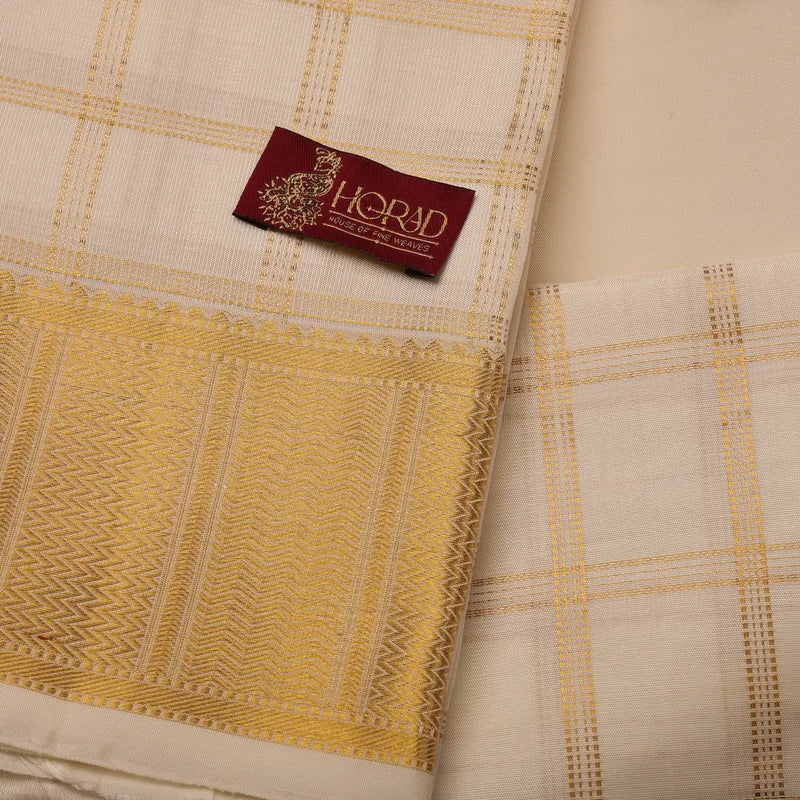 Horad Pure Silk Cream Checked Wedding Set Shirt Material + Dhoti
