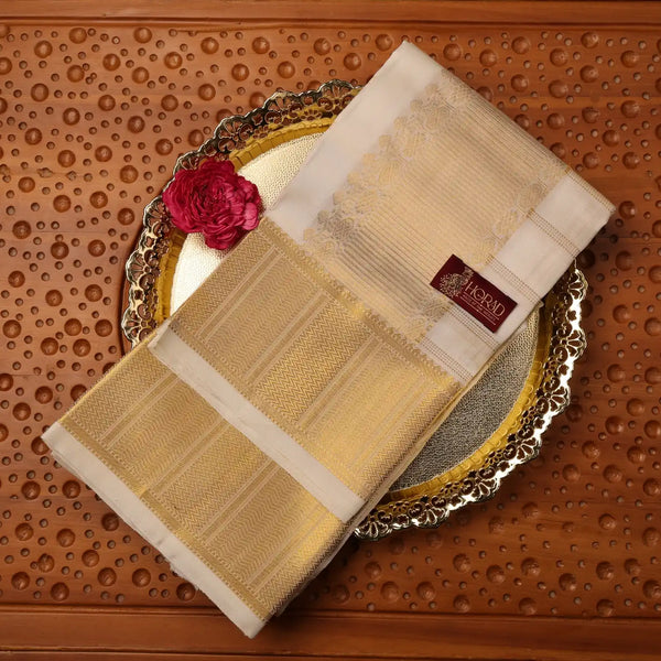 Horad Pure Silk Cream Checked Wedding Set Shirt Material + Dhoti + Angavastram