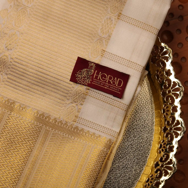 Horad Pure Silk Cream Checked Wedding Set Shirt Material + Dhoti + Angavastram