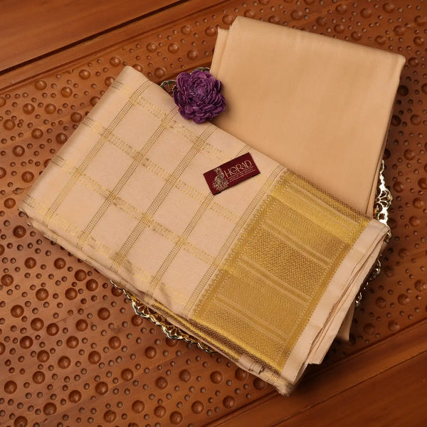 Horad Pure Silk Gold Checked Wedding Set Shirt Material + Dhoti