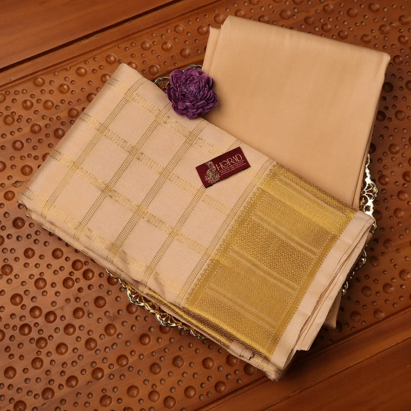 Horad Pure Silk Gold Checked Wedding Set Shirt Material + Dhoti