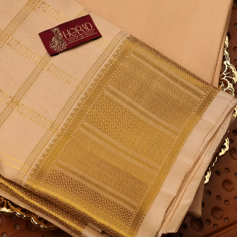 Horad Pure Silk Gold Checked Wedding Set Shirt Material + Dhoti