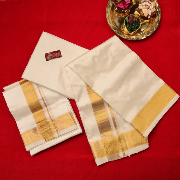 Horad Pure Silk Cream 2.50” Shirt Material + Dhoti  + Angavastram (9X5)