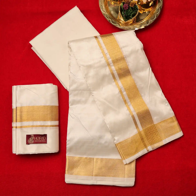 Horad Pure Silk Cream 2.50” Shirt Material + Dhoti  + Angavastram (9X5)
