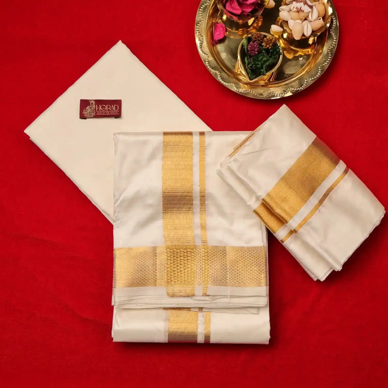 Horad Pure Silk Cream 2.50” Dhoti + Shirt Material + Angavastram (8X4)