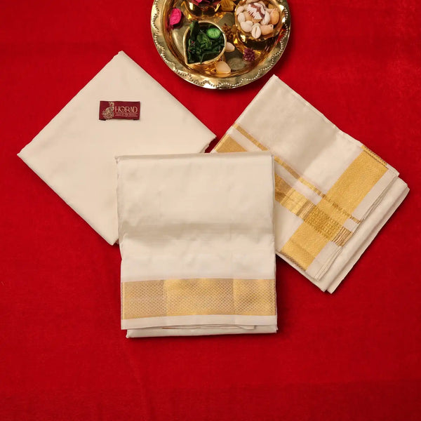 Horad Pure Silk Cream 1.75” Shirt Material + Dhoti + Angavastram (9X5)