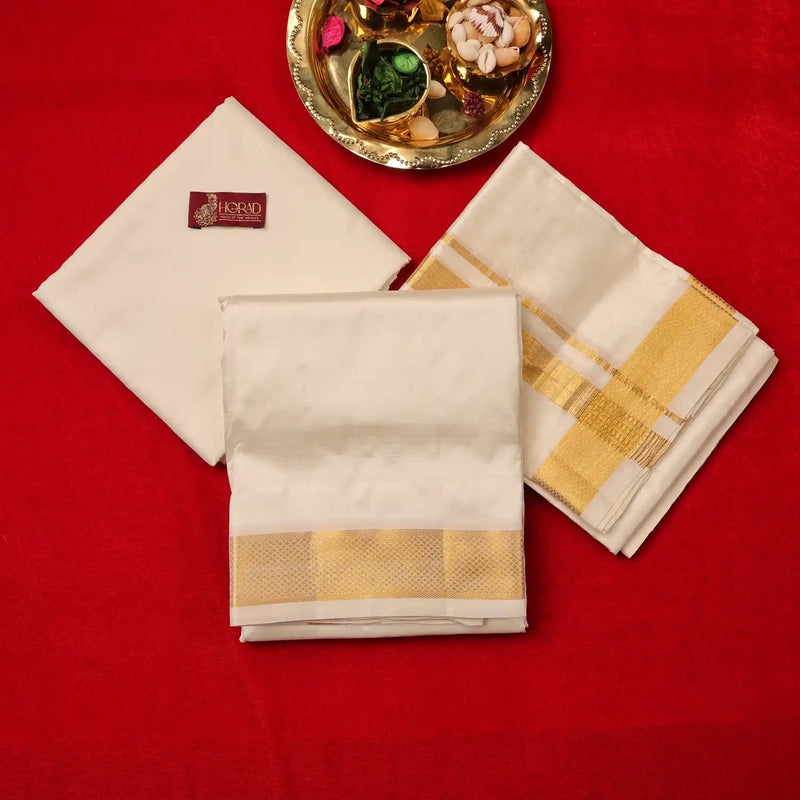 Horad Pure Silk Cream 2.00” Shirt Material + Dhoti + Angavastram (9X5)