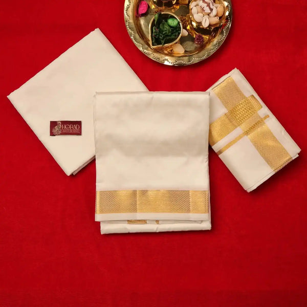 Horad Pure Silk Cream 2.00” Dhoti + Shirt Material + Angavastram (8X4)