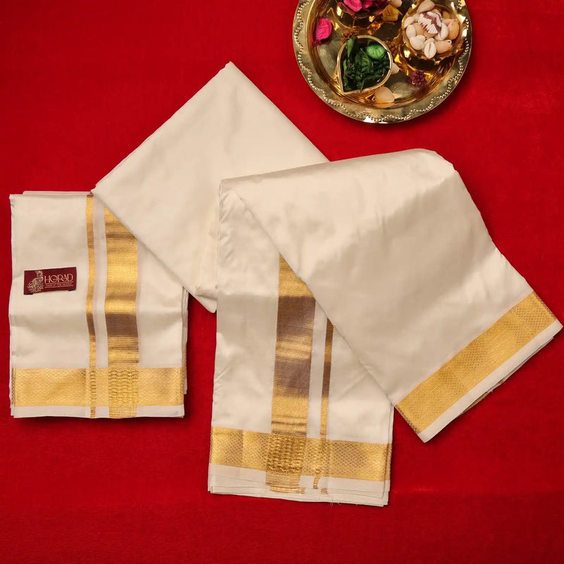 Horad Pure Silk Cream 1.50” Dhoti +Shirt Material + Angavastram (8X4)