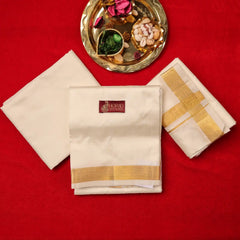Horad Pure Silk Cream 0.75” Shirt Material + Dhoti + Angavastram (9X5)