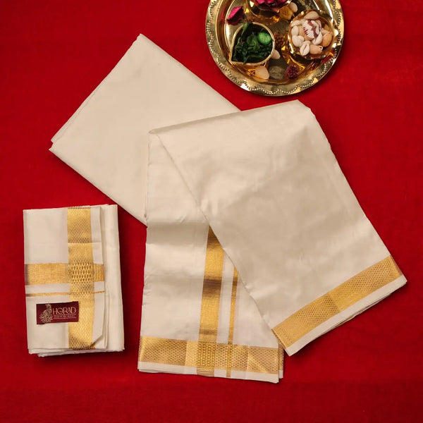 Horad Pure Silk Cream 0.75” Shirt Material + Dhoti + Angavastram (9X5)