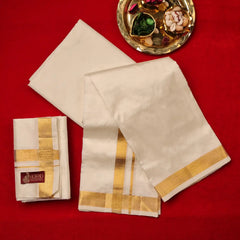 Horad Pure Silk Cream 1.25” Shirt Material + Dhoti + Angavastram (9X5)
