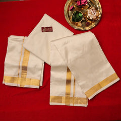 Horad Pure Silk Cream 1.25” Shirt Material + Dhoti + Angavastram (9X5)