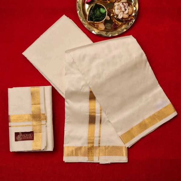 Horad Pure Silk Cream 0.75” Dhoti + Shirt Material + Angavastram (8X4)
