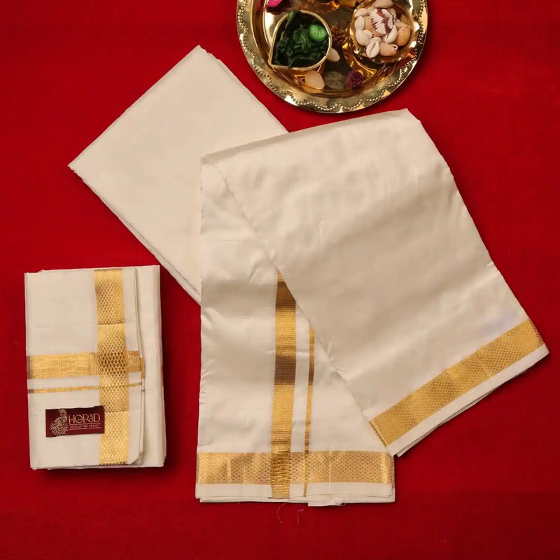Horad Pure Silk Cream 0.75” Dhoti + Shirt Material + Angavastram (8X4)