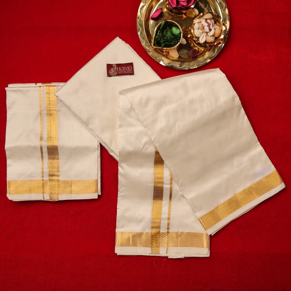 Horad Pure Silk Cream 0.75” Dhoti + Shirt Material + Angavastram (8X4)