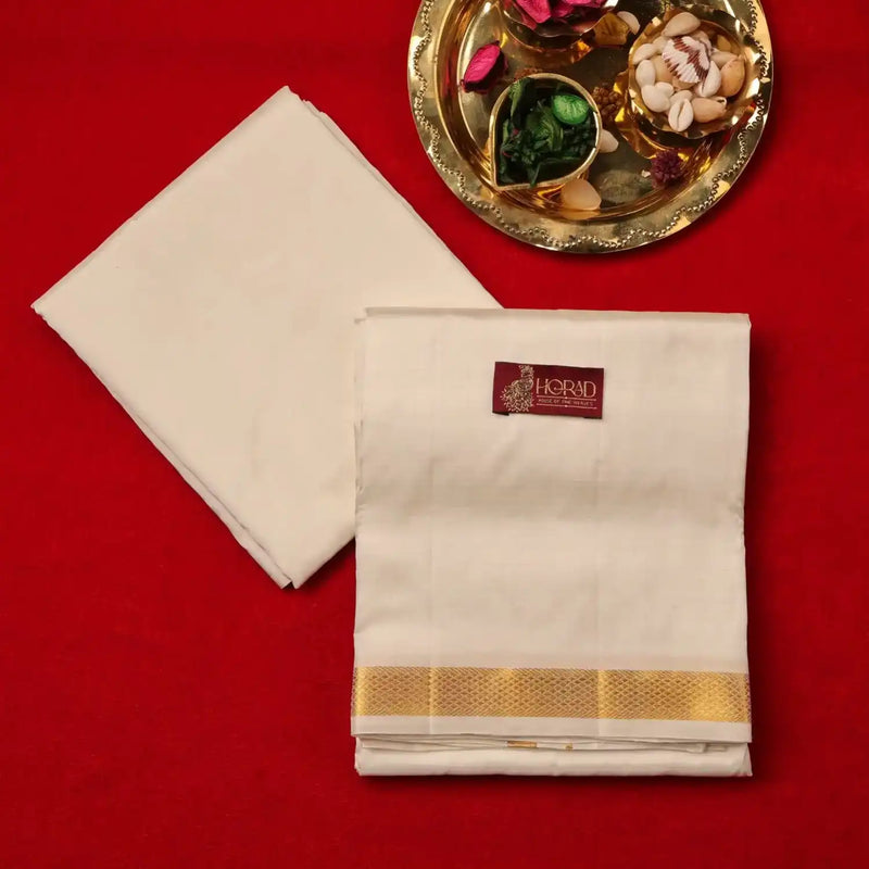 Horad Pure Silk Blend Cream 1.00” Dhoti + Shirt Material