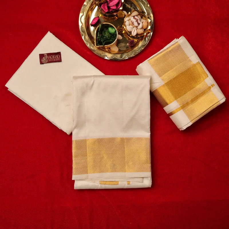 Horad Pure Silk Cream 3” Shirt Material + Dhoti + Angavastram (9X5)