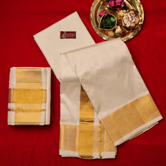 Horad Pure Silk Cream 3” Dhoti + Shirt Material + Angavastram (8X4)