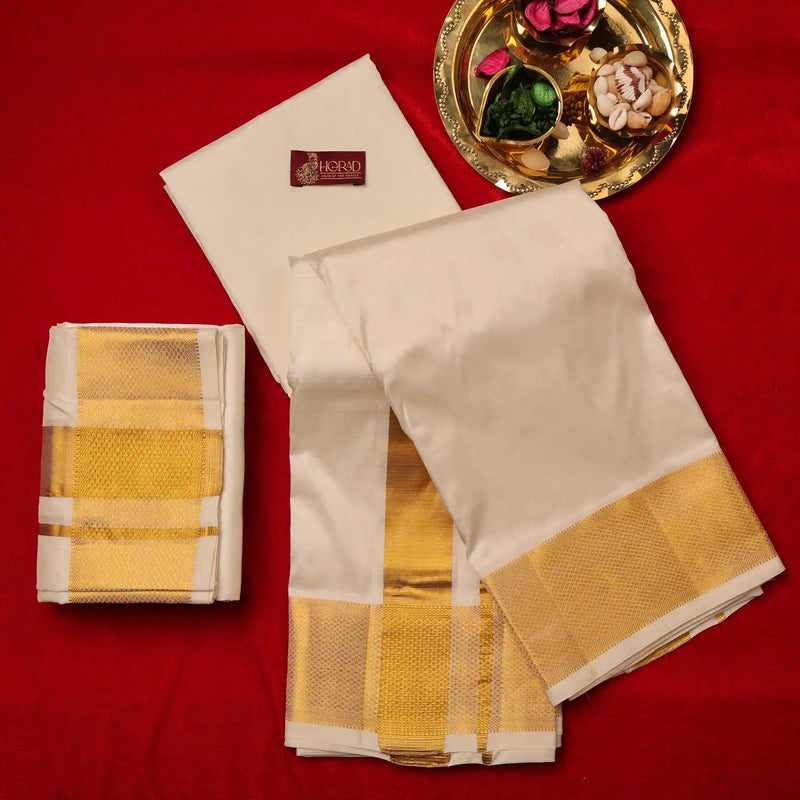 Horad Pure Silk Cream 3” Dhoti + Shirt Material + Angavastram (8X4)