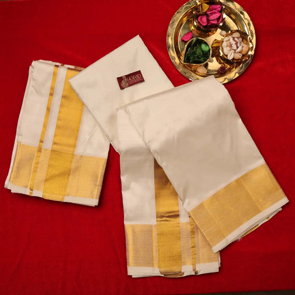 Horad Pure Silk Cream 3” Shirt Material + Dhoti + Angavastram (9X5)