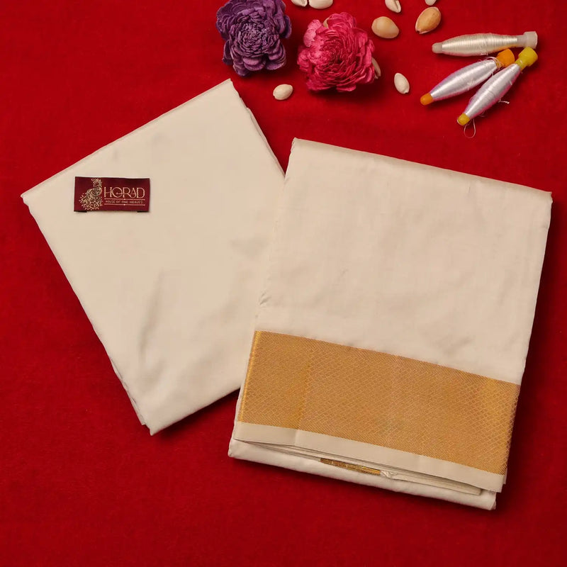 Horad Pure Silk Blend Cream 2.50” Shirt Material + Dhoti + Angavastram (9X5)