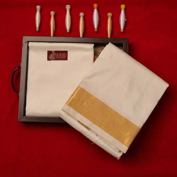 Horad Silk Blend Cream 2.00” Shirt Material + Dhoti + Angavastram (9X5)
