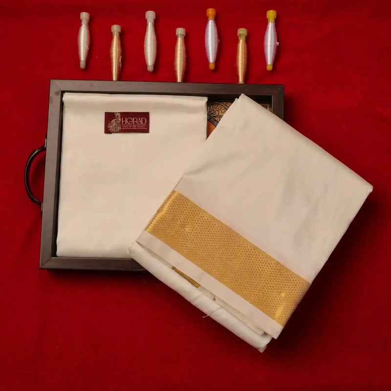 Horad Pure Silk Blend Cream 2.00” Dhoti + Shirt Material