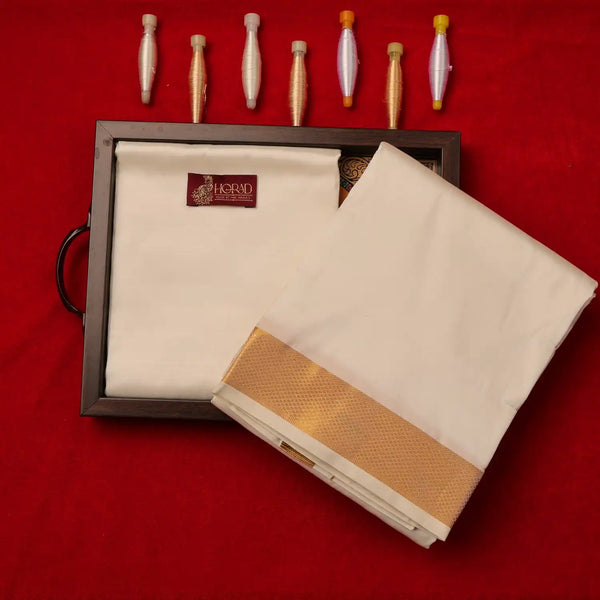 Horad Silk Blend Cream 1.75” Dhoti + Shirt Material + Angavastram (8X4)
