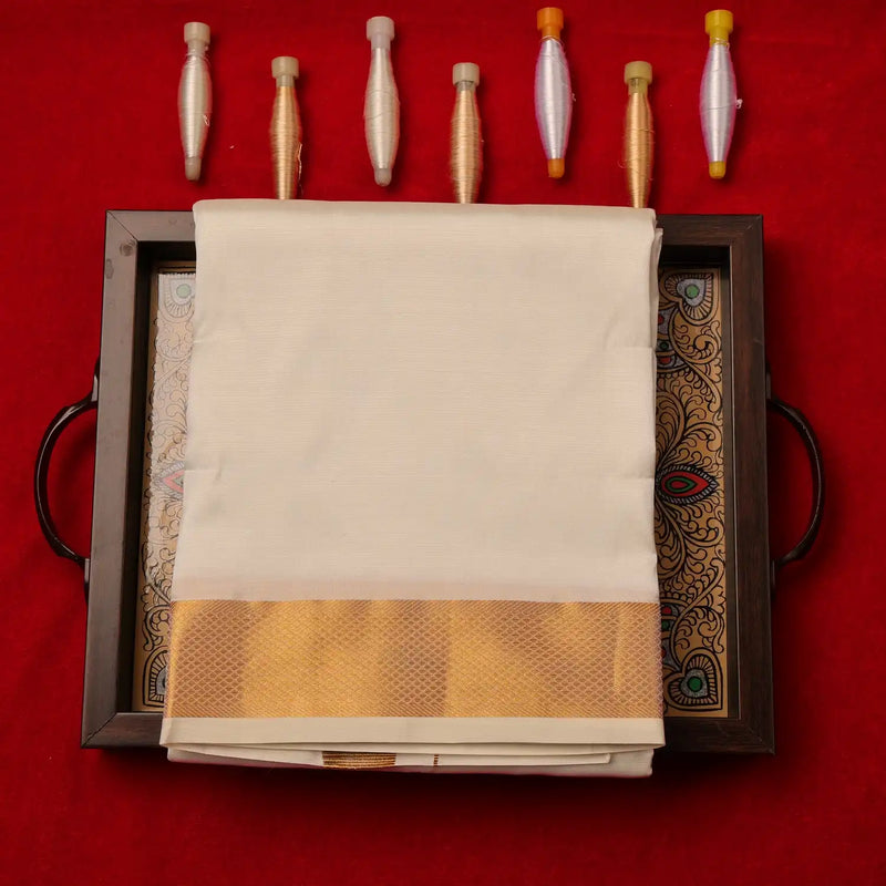 Horad Pure Silk Blend Cream 1.50” Shirt Material + Dhoti + Angavastram (9X5)