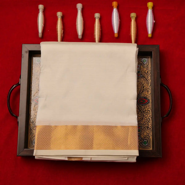 Horad Silk Blend Cream 1.75” Dhoti + Shirt Material + Angavastram (8X4)