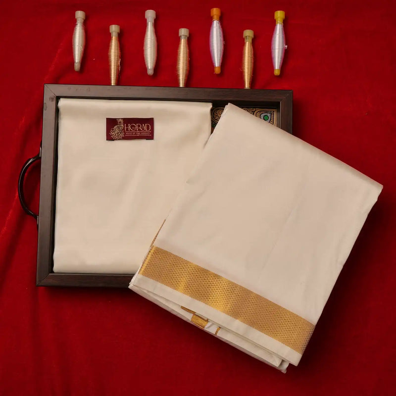 Horad Pure Silk Blend Cream 1.00” Dhoti + Shirt Material