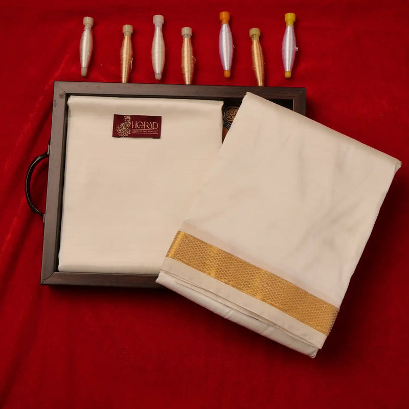 Horad Pure Silk Blend Cream 1.00” Shirt Material + Dhoti + Angavastram (9X5)