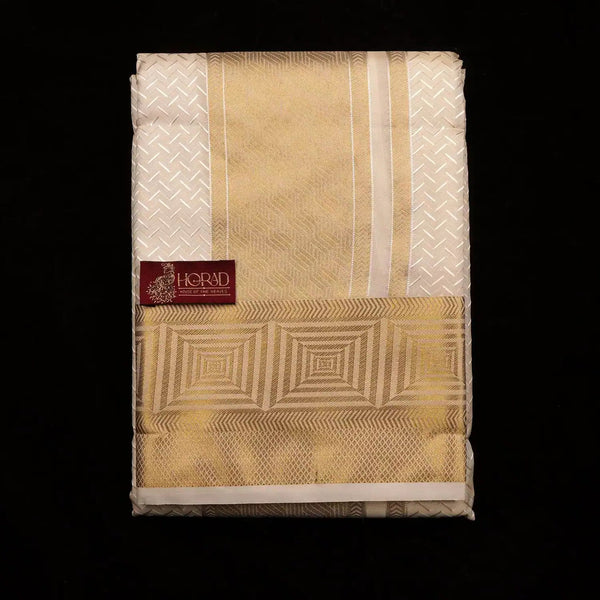 Horad Premium Art Silk Cream Emboss Shirt Material+Dhoti+Angavastram (3 in 1)