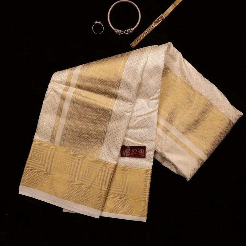 Horad Premium Art Silk Cream Emboss Shirt Material+Dhoti ( 2 in 1)