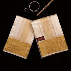 Horad Premium Art Silk Cream Emboss Shirt Material + Dhoti + Angavastram