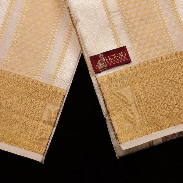 Horad Premium Art Silk Cream Emboss Shirt Material + Dhoti + Angavastram (3 in 1)