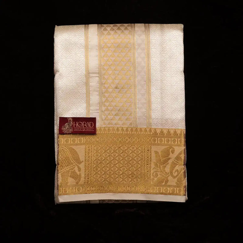 Horad Premium Art Silk Cream Emboss Shirt Material + Dhoti + Angavastram