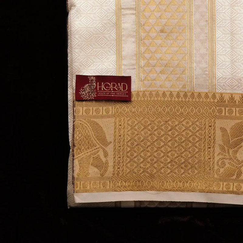 Horad Premium Art Silk Cream Emboss Shirt Material + Dhoti + Angavastram