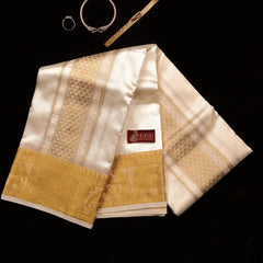 Horad Premium Art Silk Cream Emboss Shirt Material + Dhoti + Angavastram