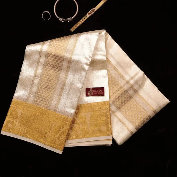 Horad Premium Art Silk Cream Emboss Shirt Material + Dhoti + Angavastram (3 in 1)