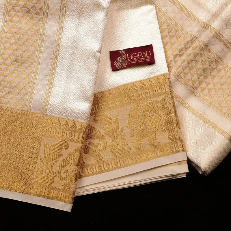 Horad Premium Art Silk Cream Emboss Shirt Material + Dhoti + Angavastram