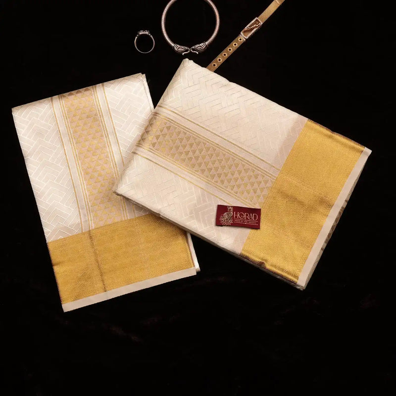 Horad Premium Art Silk Cream Emboss Shirt Material+Dhoti ( 2 in 1)