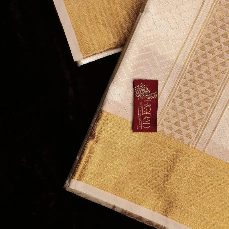 Horad Premium Art Silk Cream Emboss Shirt Material+Dhoti ( 2 in 1)
