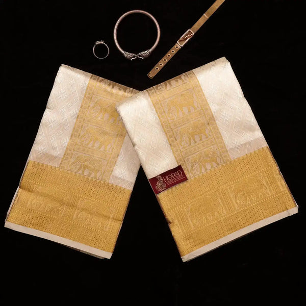 Horad Premium Art Silk Cream Emboss Elephant Shirt Material + Dhoti + Angavastram (3 in 1)