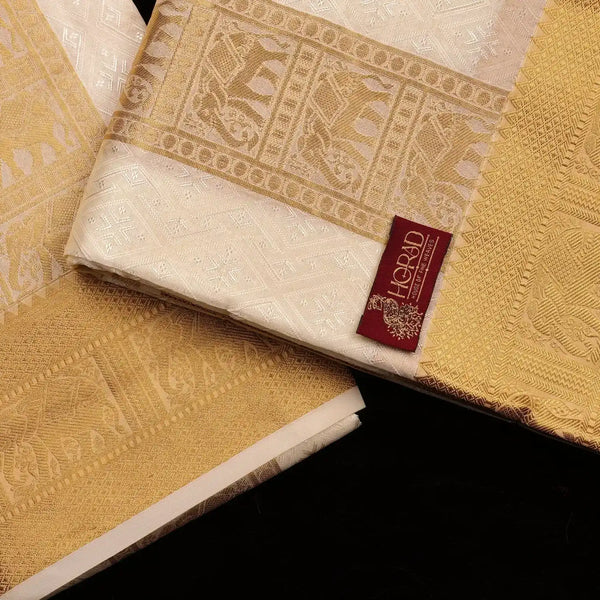 Horad Premium Art Silk Cream Emboss Elephant Shirt Material + Dhoti + Angavastram (3 in 1)