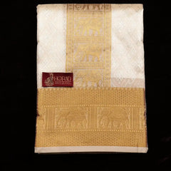Horad Premium Art Silk Cream Emboss Elephant Shirt Material + Dhoti + Angavastram